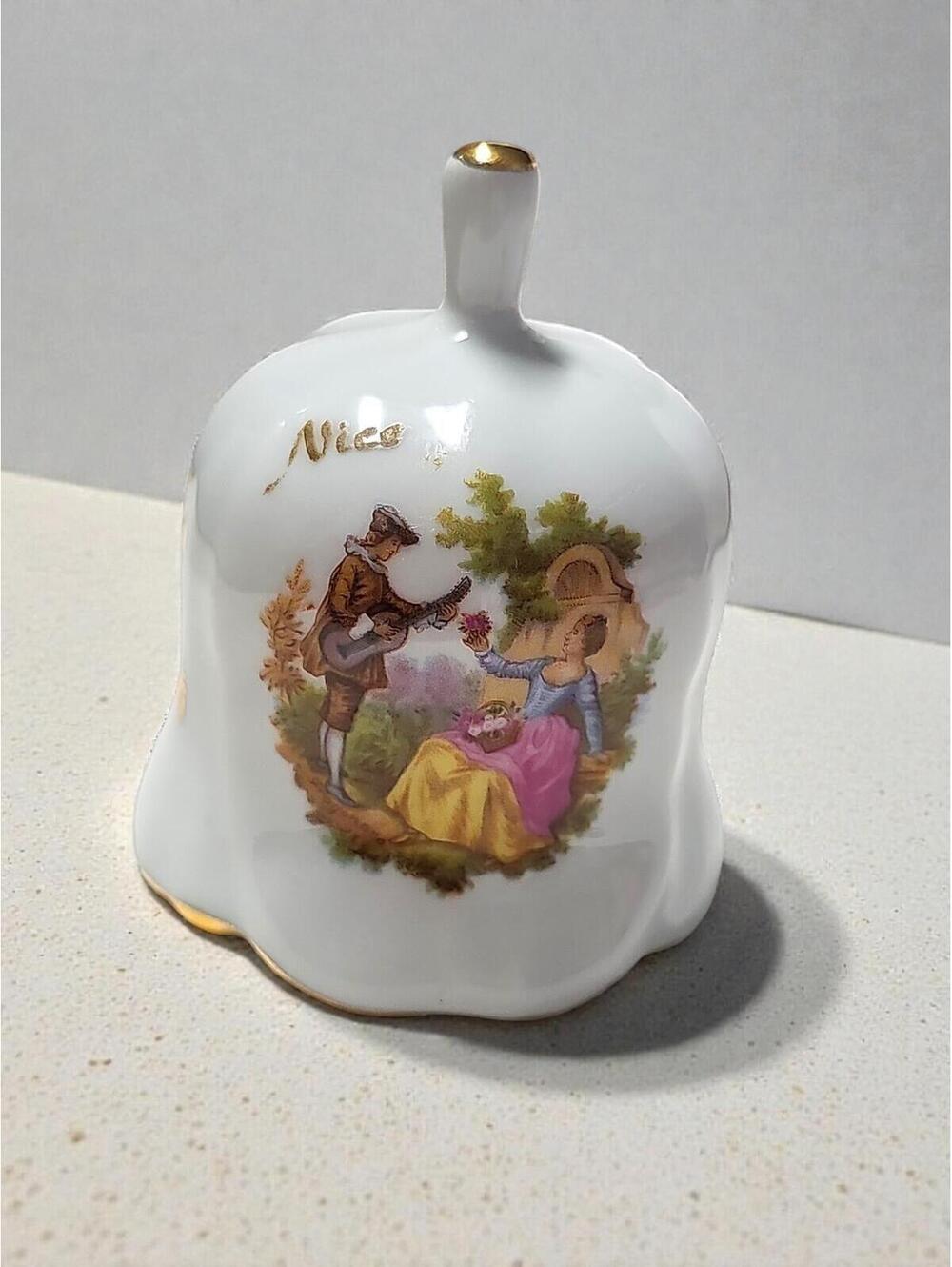 Limoges France Porcelain Bell Nice Souvenir, Hand‑Painted Romantic Scene